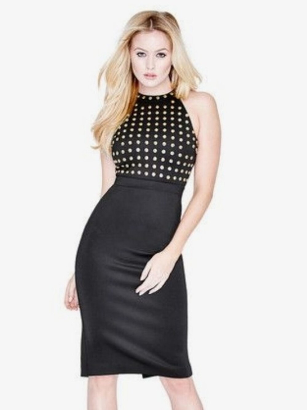 MARCIANO Black gold Studded Halter Bodycon Dress